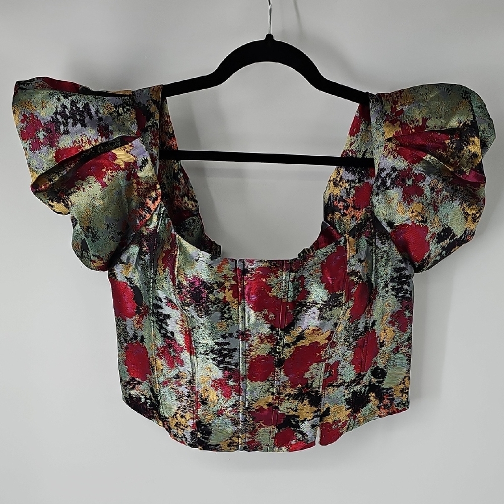 Free People Corset Style Sweetheart Neckline Puff Sleeve Abstract‎ Floral Top